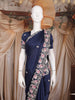 Navy Blue Floral Sequins Embroidered Design Satin Saree