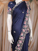 Navy Blue Floral Sequins Embroidered Design Satin Saree