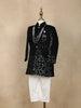 Navy Blue Floral Sequins Embroidered Velvet Kids Sherwani Set
