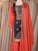 Navy Blue Floral Thread Embroidered Design Tissue Palazzo Suit with Dupatta