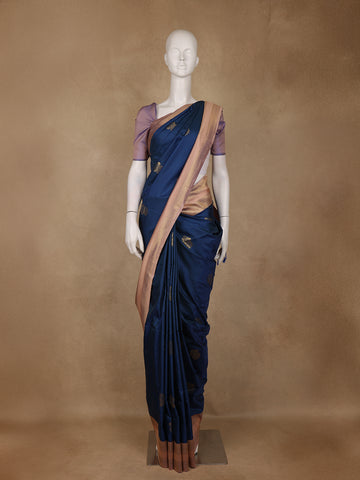 Navy Blue Floral Woven Soft Silk Saree With Copper Contrast Border - Diadem
