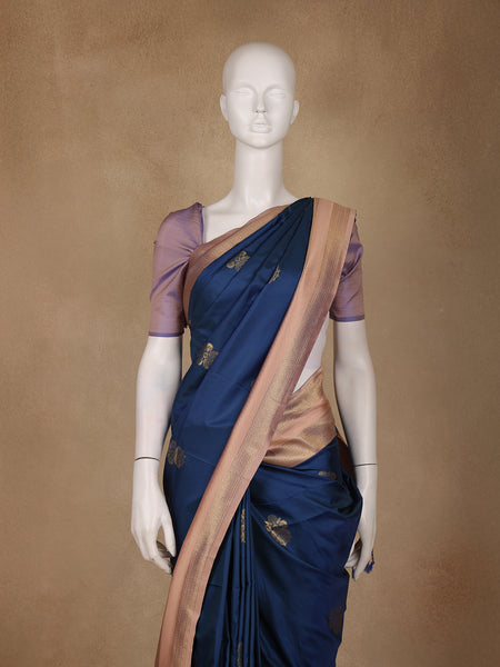 Navy Blue Floral Woven Soft Silk Saree With Copper Contrast Border - Diadem