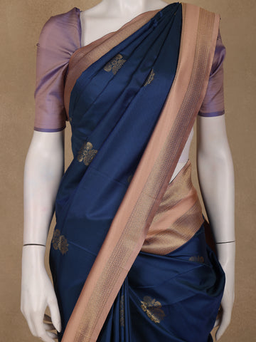 Navy Blue Floral Woven Soft Silk Saree With Copper Contrast Border - Diadem