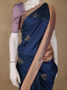 Navy Blue Floral Woven Soft Silk Saree With Copper Contrast Border - Diadem