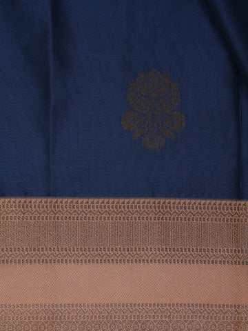 Navy Blue Floral Woven Soft Silk Saree With Copper Contrast Border - Diadem