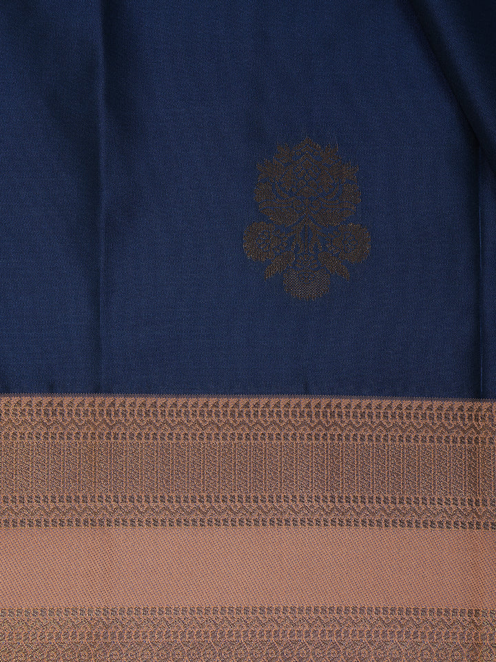 Navy Blue Floral Woven Soft Silk Saree With Copper Contrast Border - Diadem