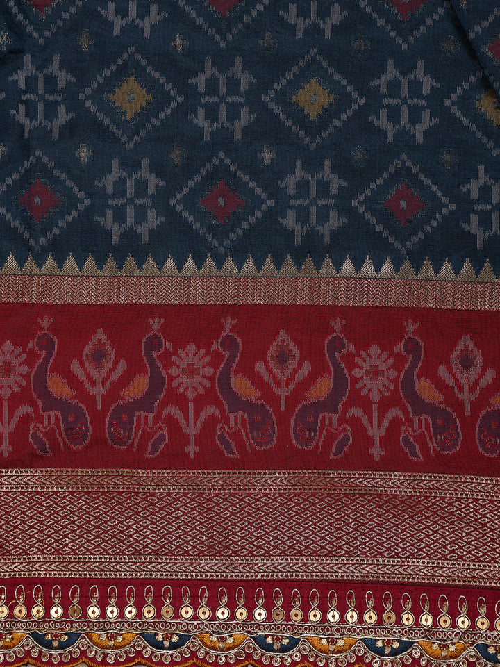 Navy Blue Geometric Diamond Designed Soft Silk Saree - Diadem