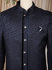 Navy Blue Geometric Textured Embroidered Indo-Western Polyester Sherwani for Men