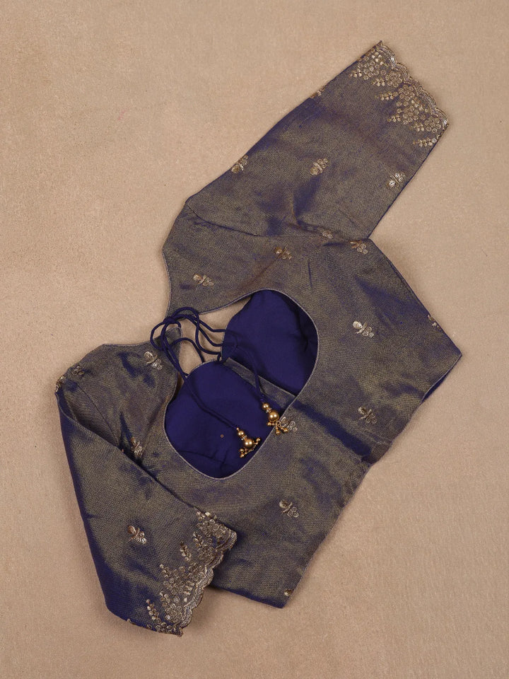 Navy Blue Motifs Design Silk Readymade Blouse - Diadem