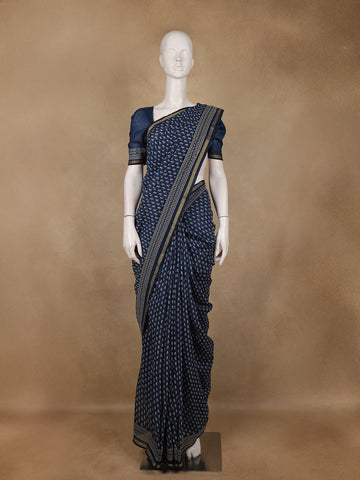 Navy Blue Paisley Design Cotton Saree With Zari Border - Diadem
