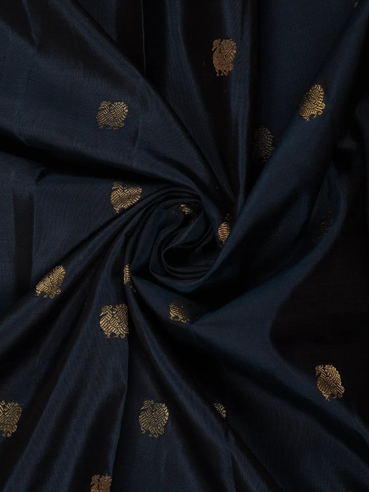 Navy Blue Peacock Woven Pure Kanchipuram Silk Saree With Contrast Border - Diadem