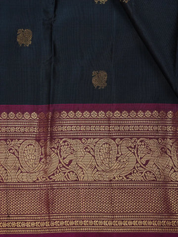 Navy Blue Peacock Woven Pure Kanchipuram Silk Saree With Contrast Border - Diadem