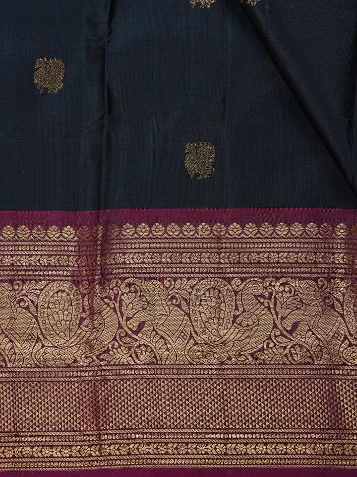 Navy Blue Peacock Woven Pure Kanchipuram Silk Saree With Contrast Border - Diadem