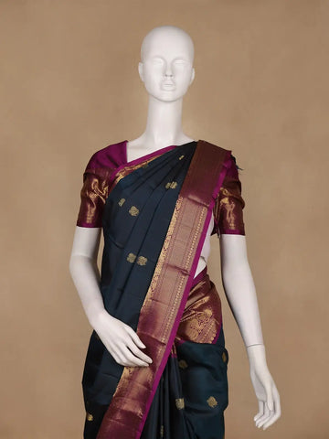 Navy Blue Peacock Woven Pure Kanchipuram Silk Saree With Contrast Border - Diadem