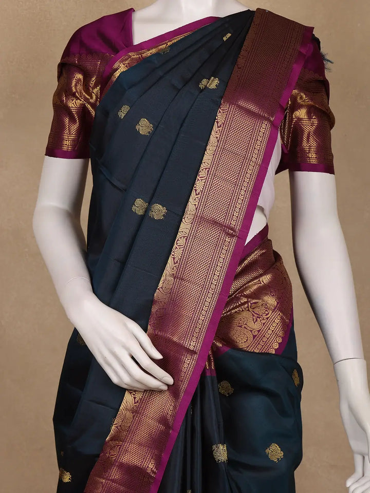 Navy Blue Peacock Woven Pure Kanchipuram Silk Saree With Contrast Border - Diadem