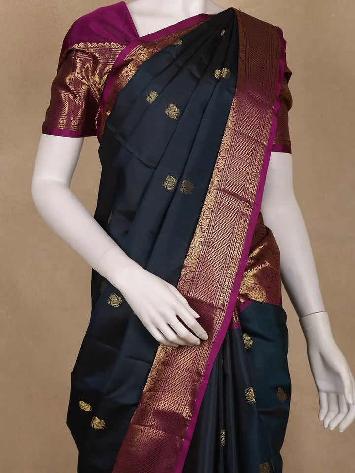 Navy Blue Peacock Woven Pure Kanchipuram Silk Saree With Contrast Border - Diadem