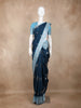 Navy Blue Peacock Woven Raw Silk Saree with Contrast Sky Blue Zari Border