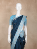 Navy Blue Peacock Woven Raw Silk Saree with Contrast Sky Blue Zari Border