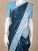 Navy Blue Peacock Woven Raw Silk Saree with Contrast Sky Blue Zari Border