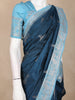 Navy Blue Peacock Woven Raw Silk Saree with Contrast Sky Blue Zari Border