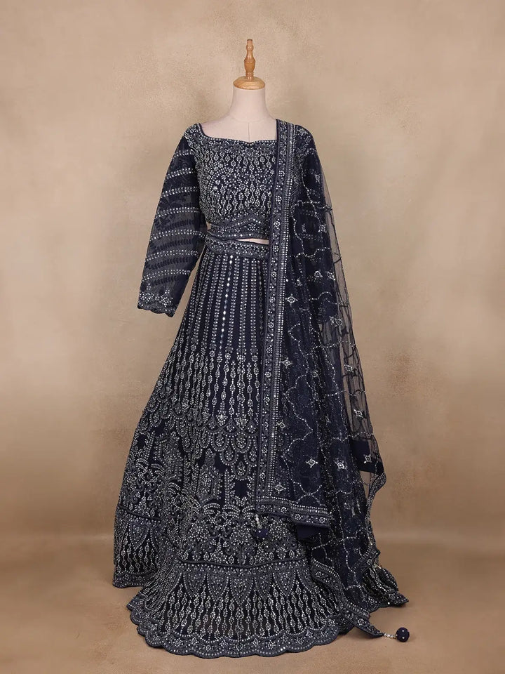 Navy Blue Sequins And Mirror Embroidered Net Bridal Lehenga Set - Diadem