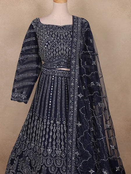 Navy Blue Sequins And Mirror Embroidered Net Bridal Lehenga Set - Diadem