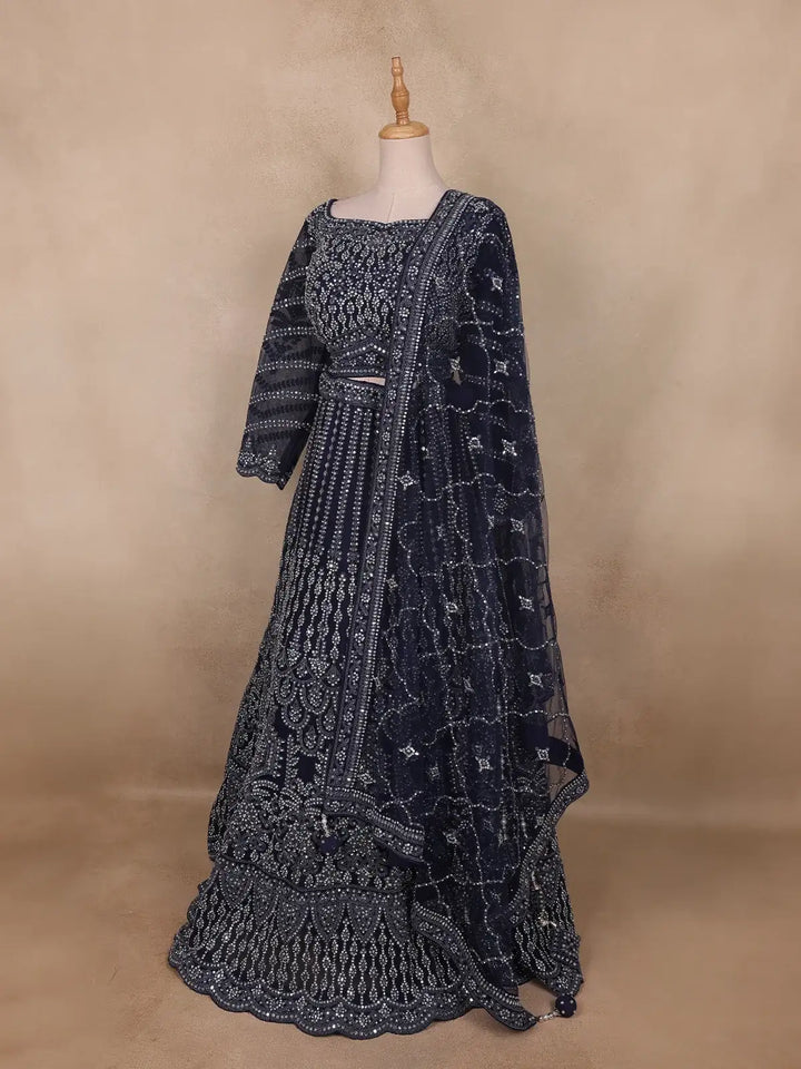 Navy Blue Sequins And Mirror Embroidered Net Bridal Lehenga Set - Diadem