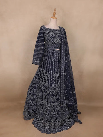 Navy Blue Sequins And Mirror Embroidered Net Bridal Lehenga Set - Diadem