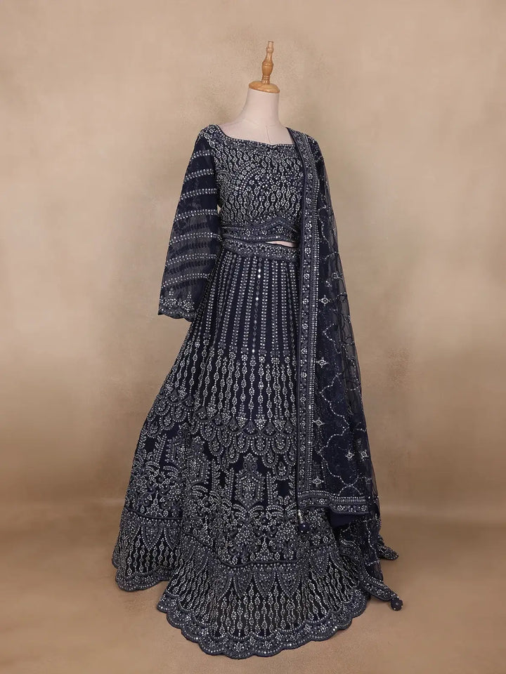 Navy Blue Sequins And Mirror Embroidered Net Bridal Lehenga Set - Diadem