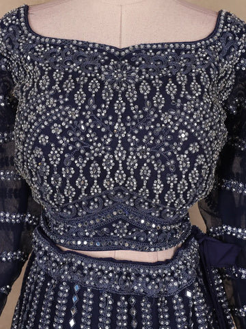 Navy Blue Sequins And Mirror Embroidered Net Bridal Lehenga Set - Diadem