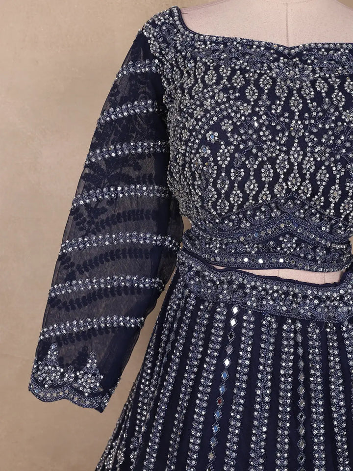 Navy Blue Sequins And Mirror Embroidered Net Bridal Lehenga Set - Diadem