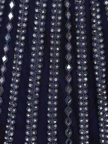 Navy Blue Sequins And Mirror Embroidered Net Bridal Lehenga Set - Diadem