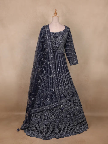 Navy Blue Sequins And Mirror Embroidered Net Bridal Lehenga Set - Diadem