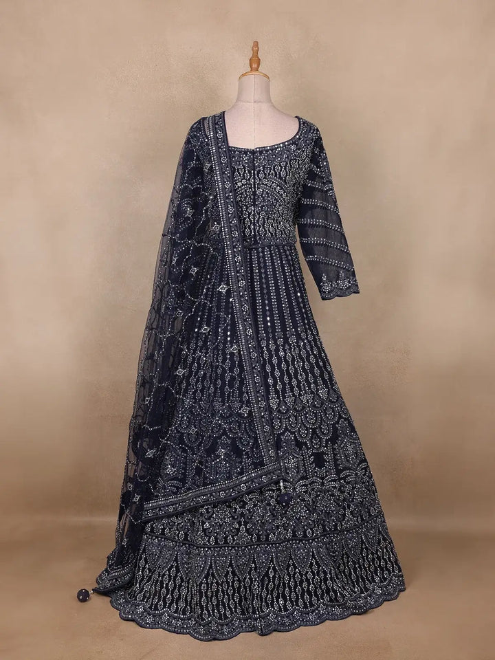 Navy Blue Sequins And Mirror Embroidered Net Bridal Lehenga Set - Diadem