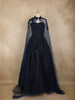Navy Blue Sequins Embellished Design Net Partywear Gown with Cape Sleeves