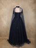 Navy Blue Sequins Embellished Design Net Partywear Gown with Cape Sleeves