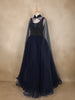 Navy Blue Sequins Embellished Net Gown with Cape Sleeves