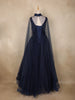 Navy Blue Sequins Embellished Net Gown with Cape Sleeves
