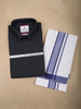 Navy Blue Solid Cotton Shirt with White Dhoti Featuring Blue Woven Border