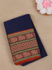 Navy Blue Solid Design Pure Cotton Saree with Contrast Peacock Motif Border