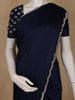 Navy Blue Solid Designed Satin Saree With Scalloped Border