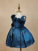 Navy Blue Solid Design with 3D Floral Embellishment Satin Frock
