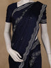 Navy Blue Stone Embellished Satin Saree With Scalloped Border