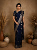 Navy Blue Striped Butta Design Semi Banarasi Saree