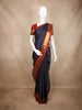 Navy Blue Striped Woven Pure Kanchipuram Silk Saree with Contrast Red Zari Border