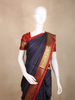 Navy Blue Striped Woven Pure Kanchipuram Silk Saree with Contrast Red Zari Border
