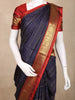 Navy Blue Striped Woven Pure Kanchipuram Silk Saree with Contrast Red Zari Border
