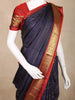 Navy Blue Striped Woven Pure Kanchipuram Silk Saree with Contrast Red Zari Border