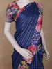 Navy Blue Stripes And Floral Printed Tussar Silk Saree