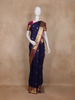 Navy Blue Stripes Butta Woven Kanchipuram Silk Saree With Contrast Pink Zari Border